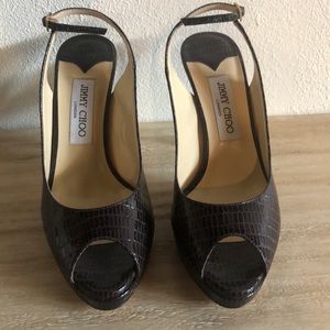 JIMMY CHOO SNAKESKIN PEEP TOE SLINGBACK HEELS